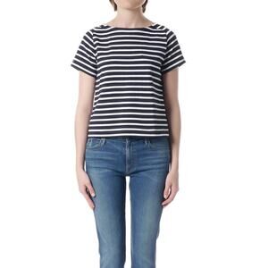 Sacai Navy White Striped Cotton Trapeze T Shirt Pleated Back Cropped 1 S